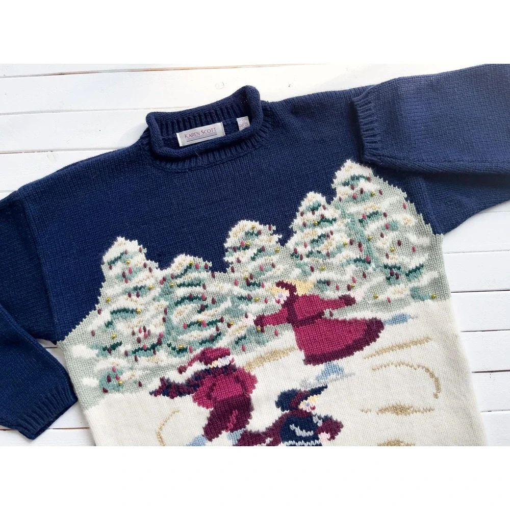 vtg Karen Scott ice skating hand knit Christmas wool sweater size L‎